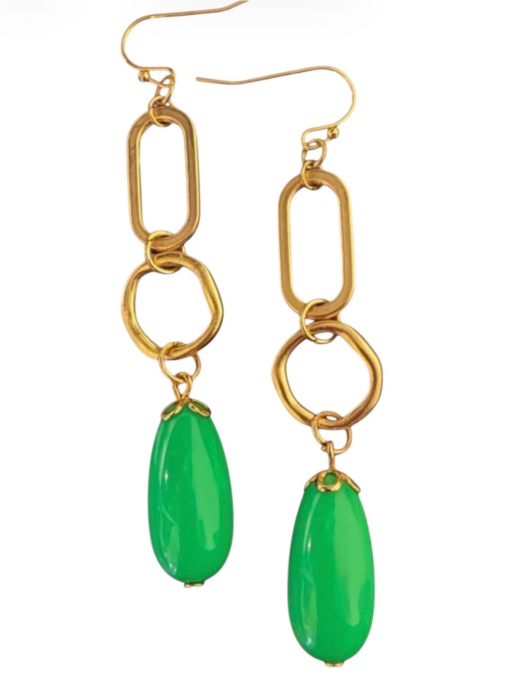 Gold-Tone Drop Earrings with Green Teardrop Dangle Beads. NWOT